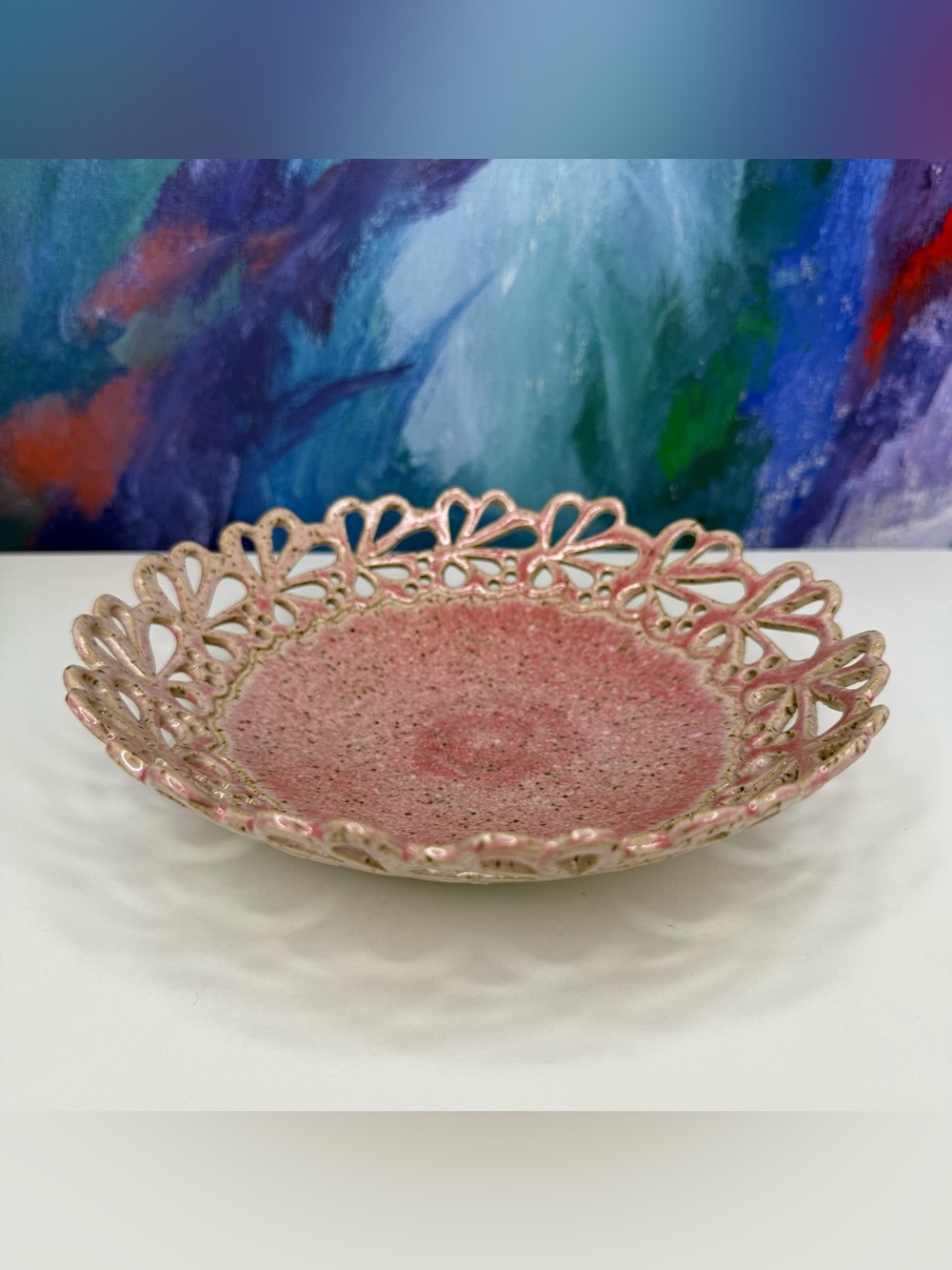Filigree Studio Pottery Pedestal Bowl Pink Cottagecore Handmade Artist Signed